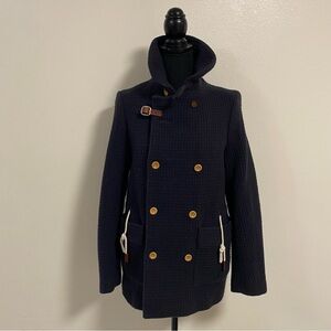 Folk Navy Pea Coat with Brown Accents